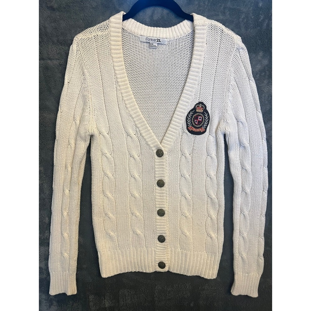 Cableknit Cardigan Women's M Button Up White Academia Heritage Preppy Forever 21
